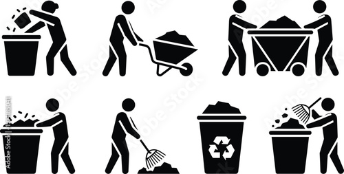 Garbage disposal worker icon set, waste collection and recycling process symbols, sanitation service illustration, trash management concept isolated on white background