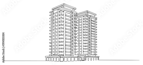 Modern multi story apartment building sketch in minimalist continuous line art style