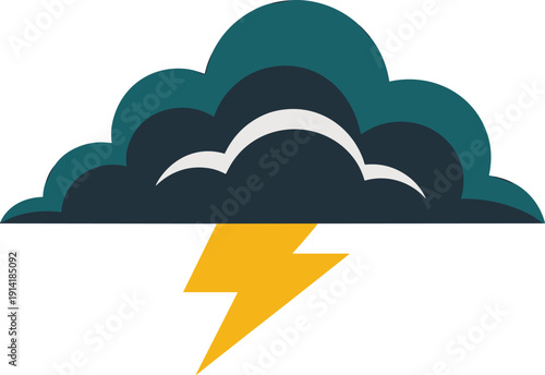 Dark storm cloud with lightning bolt symbol, severe thunderstorm forecast icon, extreme weather alert concept, meteorology climate illustration isolated background