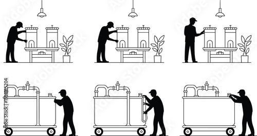 Industrial worker operating filtration tanks silhouette, water treatment system maintenance, purification process and factory equipment management concept