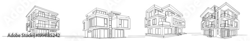 Collection of modern luxury villa house designs in minimalist black and white line art perspective