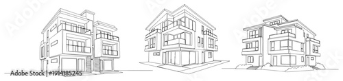 Collection of modern villa architecture designs in minimalist continuous line art style