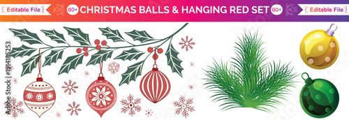 Christmas ball set, red baubles with pattern, ornaments, Christmas ornament ball hanging vector set, red, green, blue, gold baubles with stripes, stars, snowflakes pattern, Holiday decorations design 