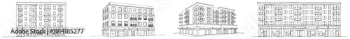 Set of urban apartment building sketches in one line drawing architectural style