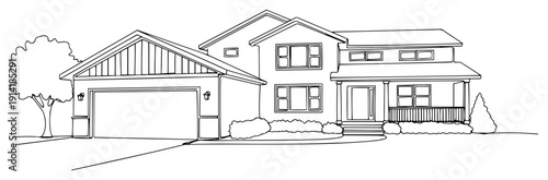 Large suburban family house with garage continuous line art drawing with landscape