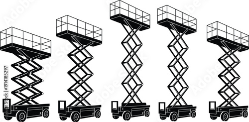 Scissor lift platform silhouettes set, hydraulic aerial work equipment for maintenance, construction, warehouse access and industrial safety illustration