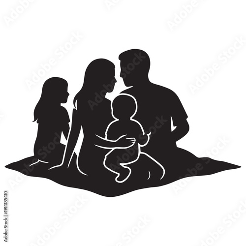 Loving silhouette of a family with two children enjoying a peaceful moment together outdoors.