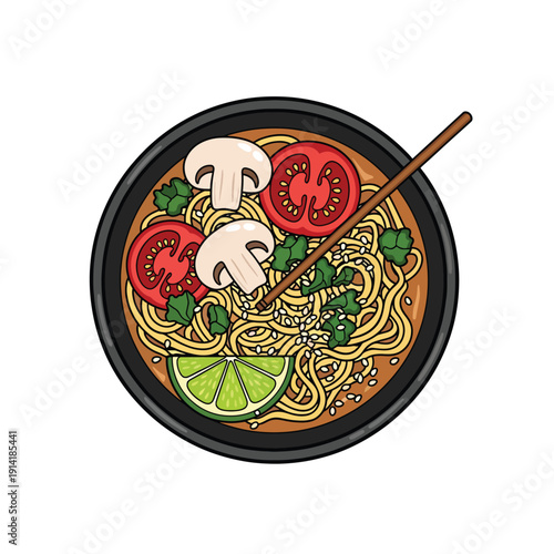 Delicious bowl of noodles with fresh vegetables and mushrooms being eaten with chopsticks