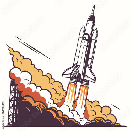 Space Shuttle Launching from Tower with Orange and Yellow Flames