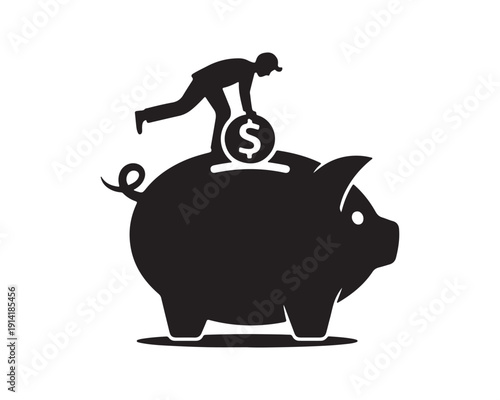 Silhouette of a person placing a coin into a piggy bank, representing saving money