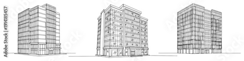 Set of modern glass office building sketches in minimalist architectural line art style