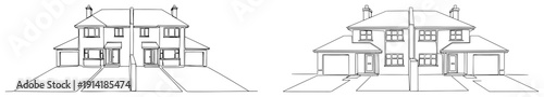 Minimalist line art sketch of traditional semi detached suburban houses in perspective view