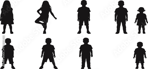 Children Silhouette Set with Boys and Girls Standing and Playing Poses for Education, School, Family, Childhood, and Kids Activity Design