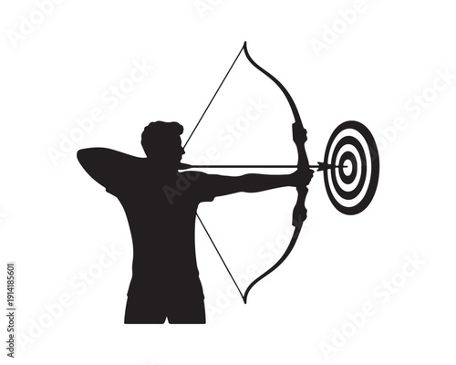 Silhouette of an archer aiming a bow and arrow at a target on white background
