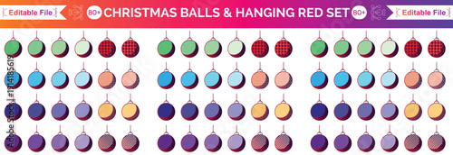 Christmas ornament ball hanging vector set, red, green, blue, gold baubles with stripes, stars, snowflakes pattern, Holiday decorations design elements isolated on white background.