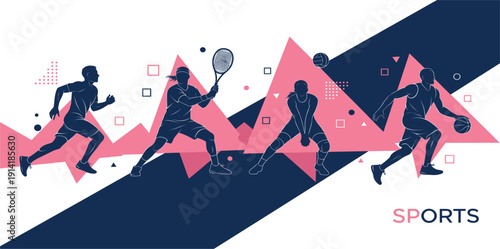 Dynamic Sports Silhouette Banner with Athletes Running Basketball Tennis and Volleyball Players for Fitness, Competition, Training, and Modern Sports Design