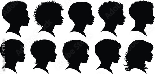 Diverse Women Face Profile Silhouette Set with Various Hairstyles for Beauty, Fashion Design, Avatar Creation, Salon Branding, and Character Illustration
