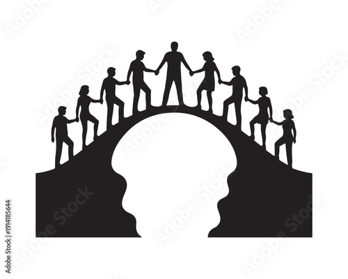 Silhouettes of people holding hands forming a bridge over a stylized head shape, symbolizing unity