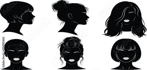 Female Face Silhouette Set with Various Hairstyles and Beauty Profiles for Fashion Design, Salon Branding, Avatar Creation, and Cosmetic Illustration Use
