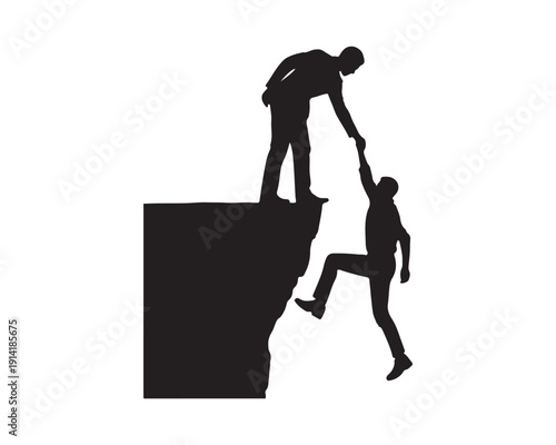Silhouettes of two men helping each other climb a cliff, symbolizing help and support