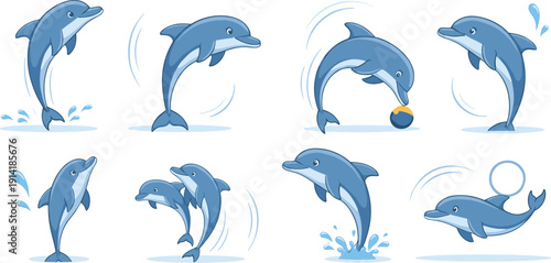 Cute Dolphin Cartoon Vector Set Showing Jumping, Playing, Swimming Poses for Marine Life, Kids Illustration, and Ocean Theme Designs
