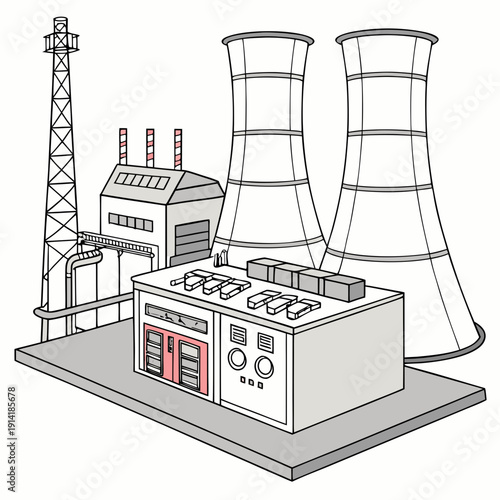Nuclear power plant with cooling towers and control room