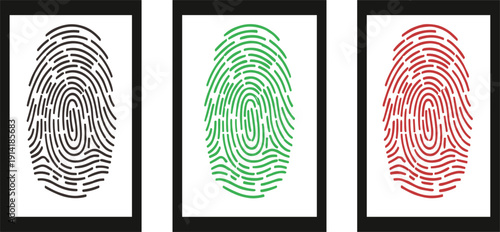 Fingerprint Identity Icon Set with Biometric Security Symbols for Authentication, Access Control, Data Protection, Forensic Investigation, and Digital Privacy Design