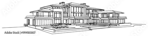 Minimalist line art perspective drawing of a grand modern luxury villa with multiple terraces