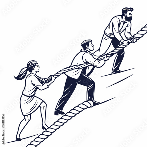 Teamwork concept with three people pulling a rope cooperation