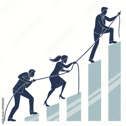 Teamwork concept with businesspeople pulling rope up bar graph