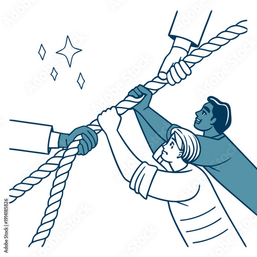 Teamwork concept with people pulling ropes cooperation