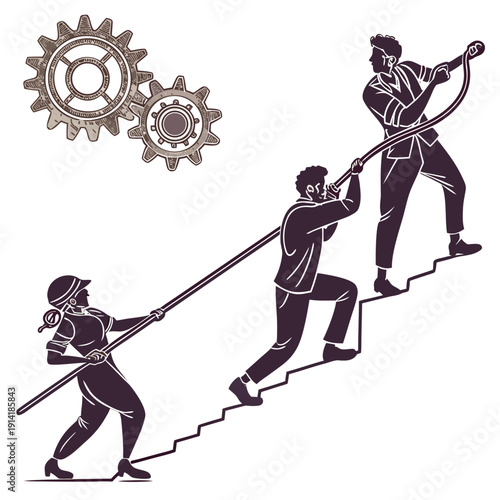 Teamwork tension concept with people pulling rope up stairs with gears