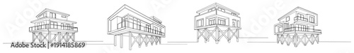 Set of modern elevated house designs on stilts in minimalist line art perspective sketches