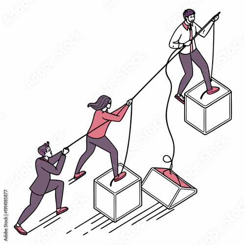 Teamwork pulling blocks with ropes business people