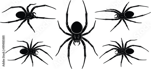 Spider Silhouette Set with Creepy Arachnid Insect Icons for Halloween Design, Horror Themes, Wildlife Illustration, Tattoo Art, and Decorative Graphic Use