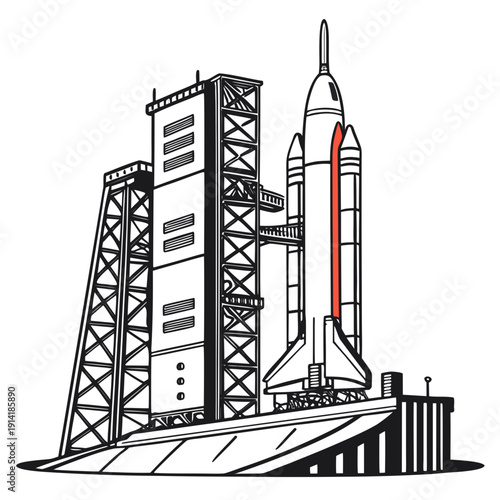 Of a rocket on a launch pad with service tower space