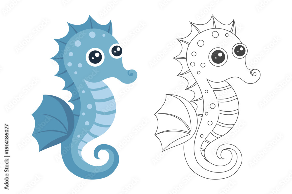Fototapeta premium Adorable Blue Seahorse and Line Art for Kids Coloring Activity