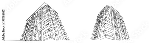 Perspective line art sketches of modern multi story apartment buildings with balconies