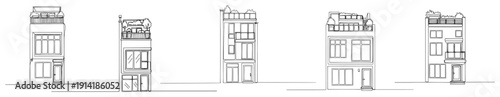 Set of narrow modern townhouse facades with rooftop terraces in minimalist line art style