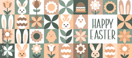 Happy Easter mosaic banner with bunnies, chicks and flowers. Colorful geometric background.