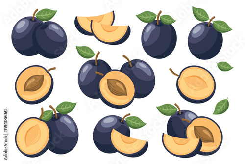 Plum fruit icon set. Collection of fresh plums, plum slices. Food themed illustrations.