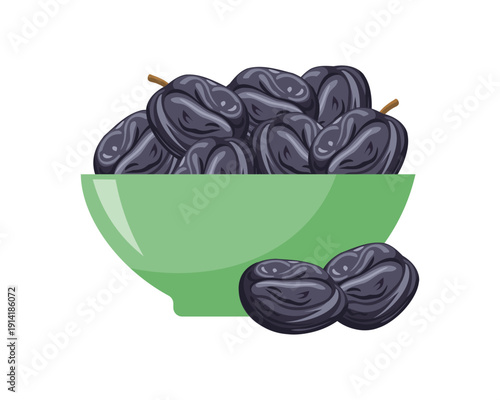 Bowl of Dried plums. Dried prunes icon. Food illustration.