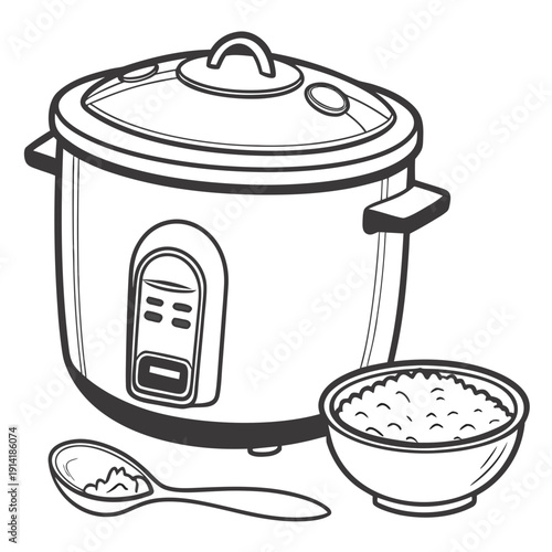 Rice cooker with bowl of rice and spoon kitchen appliance