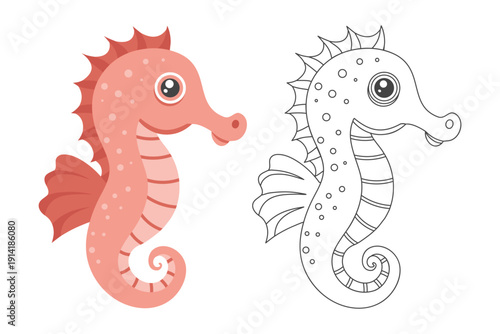 Adorable Pink Seahorse and Line Art for Kids Coloring Activity.