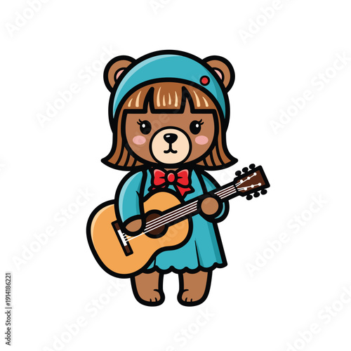 A cartoon bear wearing a blue dress and hat plays a guitar in a simple setting.