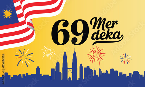 Vibrant 69th Merdeka Day celebration graphic featuring the Malaysian flag, KL skyline silhouette, and fireworks against a bright golden background.