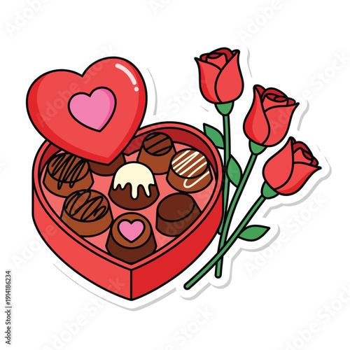 Heart-shaped box of assorted chocolates and roses illustration