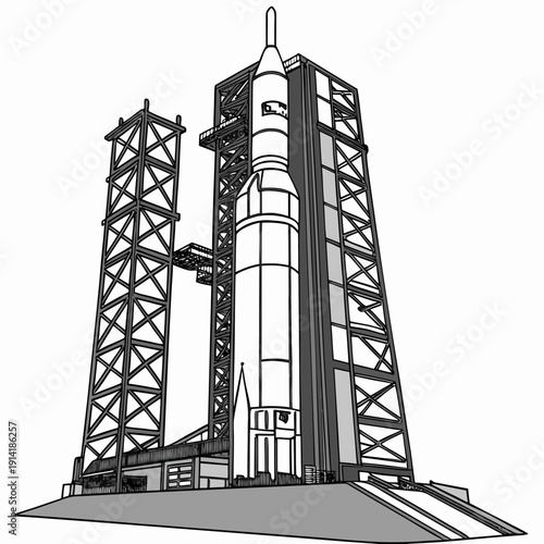 Space launch system rocket on launchpad with service towers