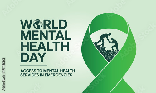 Supportive illustration for World Mental Health Day showing two silhouettes climbing rocks within a green ribbon, symbolizing recovery and access to emergency services.