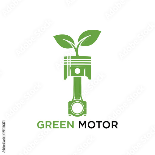 Eco friendly engine piston with growing green leaf icon for sustainable automotive technology and nature energy logo named Green Motor
